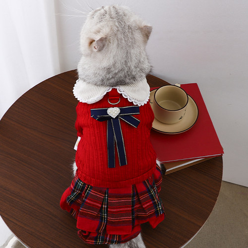 猫咪衣服德文猫冬装小猫红色新年圣诞可牵引裙子棉衣学院风连衣裙