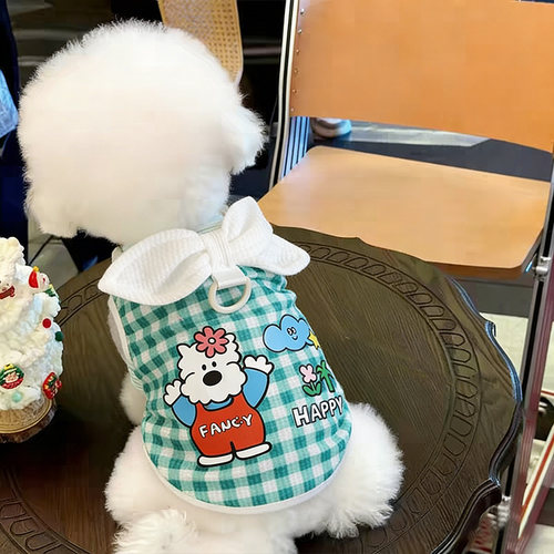 狗狗衣服2026新款春装小狗夏天蝴蝶结可牵引格子衫小背心可爱比熊