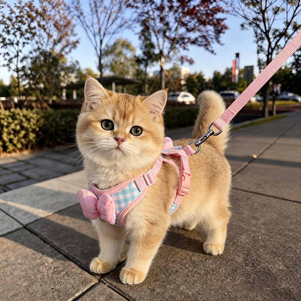 猫咪牵引绳防挣脱遛猫绳子外出幼猫金渐层方格高颜值可调节日字扣