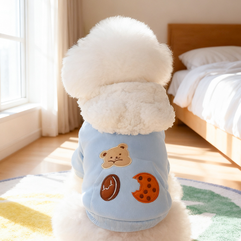 狗狗衣服冬装小型犬冬天防掉毛甜美可爱毛绒带帽衫可牵引棉衣外套