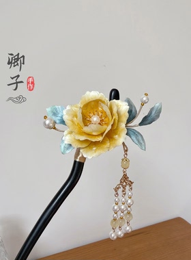『露华浓』卿子手作真丝绒花牡丹发簪黑檀木新中式汉服非遗绒花