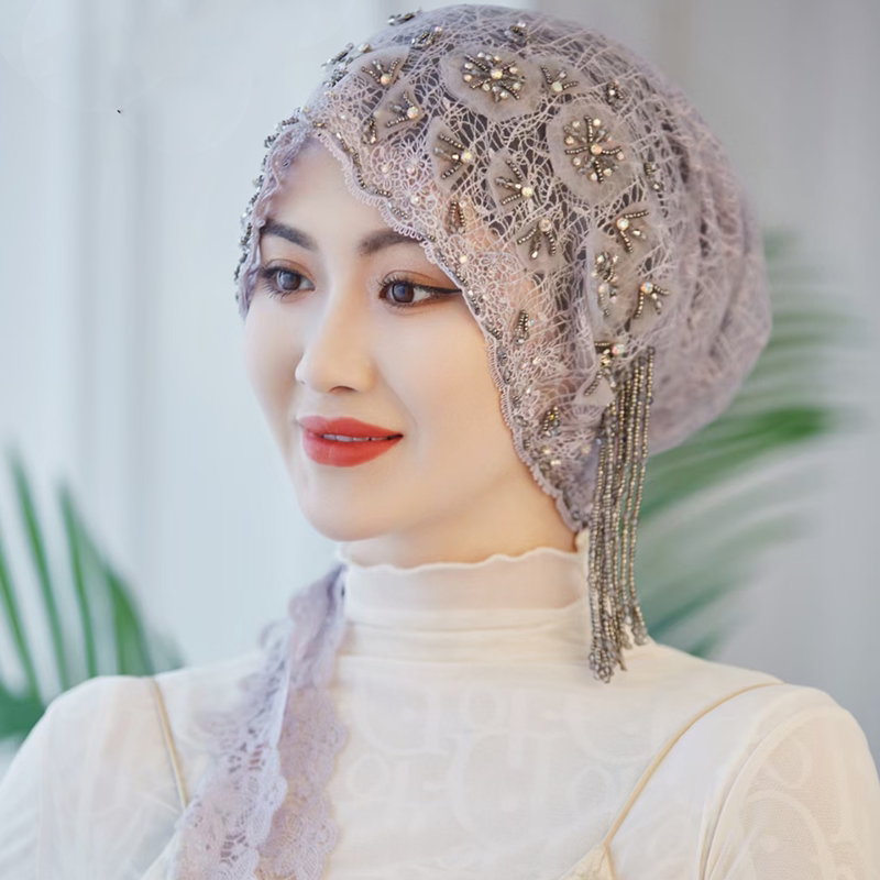 头巾女包头帽子时尚纯手工串珠流苏帽回盖头披肩飘带帽洋气多功能