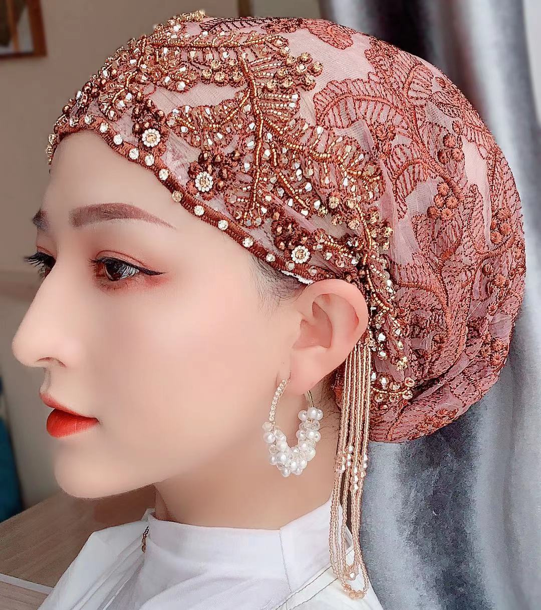 回族帽子盖头女流苏手工包头帽头巾桑蚕丝真丝纱巾帽遮发帽月子帽