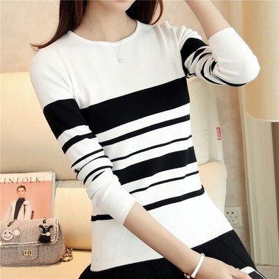 修身条纹圆领毛衣长袖套头针织衫