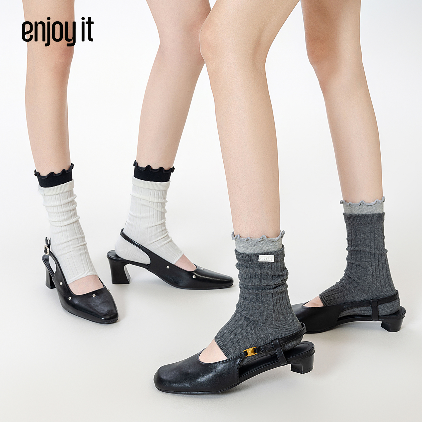 Enjoy it木耳边堆堆袜套女春秋中筒MIU系芭蕾风腿套白色小腿袜子