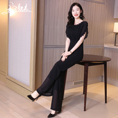 黑色雪纺连体裤 2110 垂套装 女夏长款 新连身高腰气质显瘦连衣阔腿裤