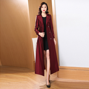 过膝大衣3113 高级感流行外套长款 酒红色风衣春秋女修身 2022年新款