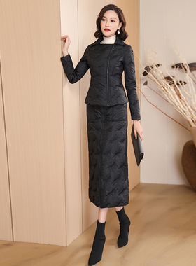 黑色羽绒服女时尚套装冬新款气质修身保暖小众白鸭绒两件套6166