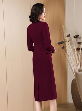 红色连衣裙女2025新款初春秋气质显瘦长袖收腰假两件套装裙子1642