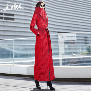 白鸭绒过膝到脚踝6081 保暖超长款 红色高领羽绒服高级感新款 女修身