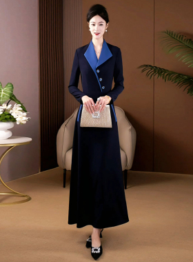 蓝色早春漂亮连衣裙女2026新款长袖高档连衣裙洋气高贵长裙1047