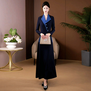 蓝色早春漂亮连衣裙女2026新款长袖高档连衣裙洋气高贵长裙1047