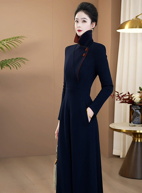 超好看的冬装连衣裙蓝色加厚新款今年流行爆款气质显瘦超长裙276