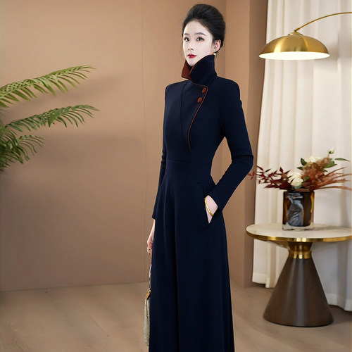 冬季新款蓝色长裙连衣裙