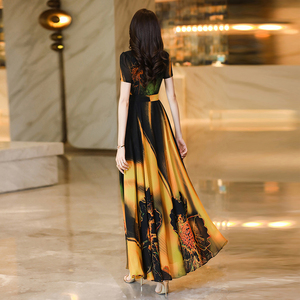 超好看印花雪纺连衣裙高端显瘦新款女夏收腰大摆超长裙到脚踝1920