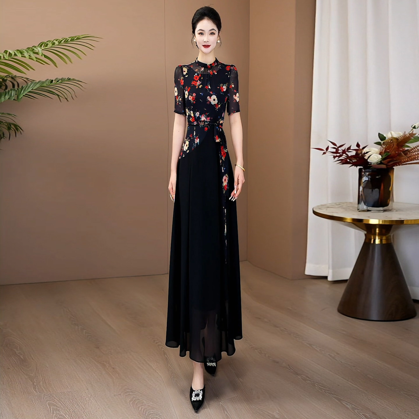 清仓黑色新中式连衣裙女2026新款夏高级感印花气质显瘦超长裙472
