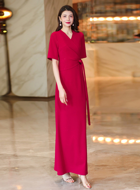 红色连衣裙2026夏季款修身显瘦气质V领高端精致超长裙到脚踝1873