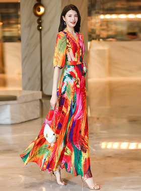 彩色连衣裙女高级感海边度假风夏季新款显瘦大摆超长裙到脚踝1916