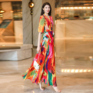 彩色连衣裙女高级感海边度假风夏季新款显瘦大摆超长裙到脚踝1916