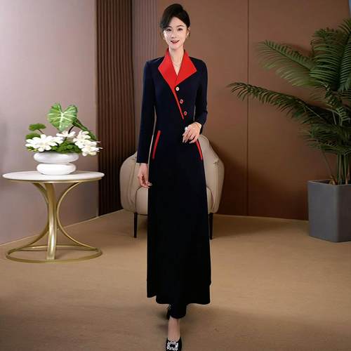 春秋款翻领长袖超长裙品牌大摆