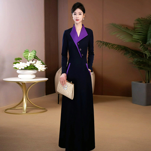 蓝色连衣裙新款女春秋正式场合气质显瘦裙子女式长袖高档长裙1050
