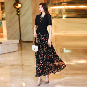清仓捡漏黑色假两件碎花连衣裙高端精致女夏高级感显瘦超长裙1972
