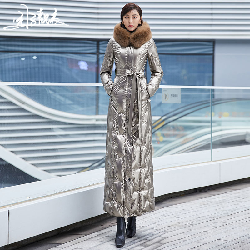 亮面免洗羽绒服2021女毛领收腰