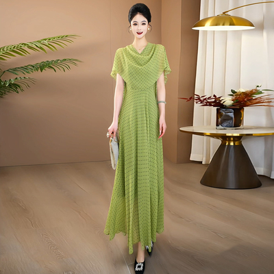 夏季绿色波点长裙连衣裙大摆收腰
