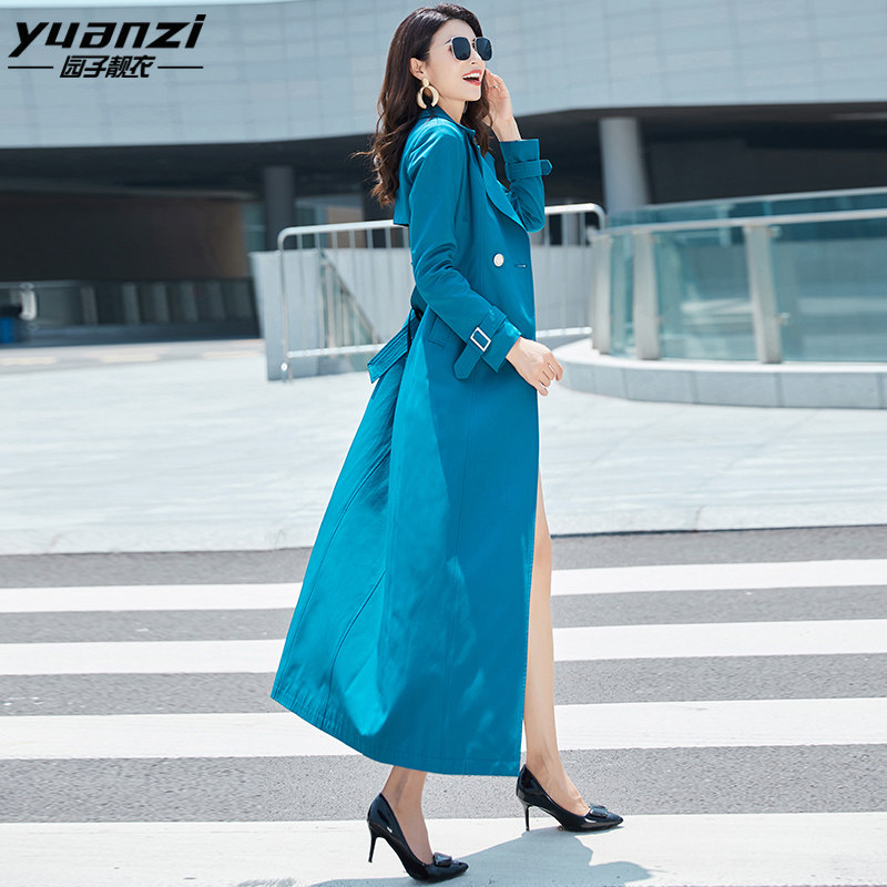 蓝色风衣女2021春秋新款长款修身收腰流行过膝超长脚踝大衣3044
