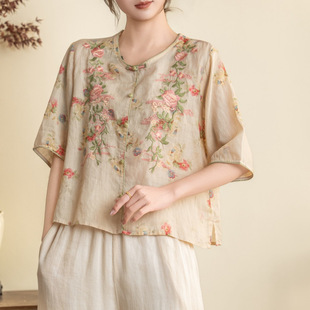 立领刺绣休闲五分袖 文艺小衫 衬衫 印花宽松版 苎麻数码 园园美衣新款