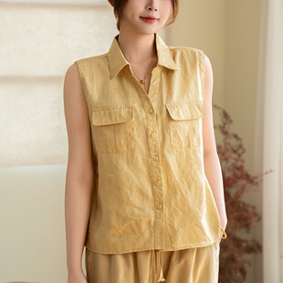 新款 女2026夏季 文艺时尚 纯色翻领中袖 园园美衣袖 宽松马甲开衫 衬衫