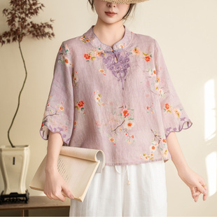 宽松刺绣盘扣苎麻上衣女小衫 小立领印花衬衫 文艺时尚 园园美衣新款