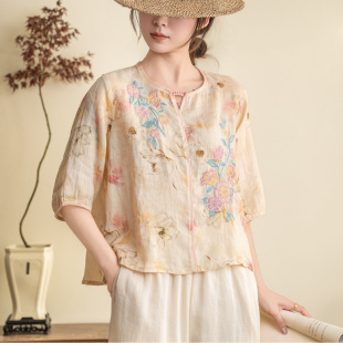 新款 文艺印花圆领五分袖 刺绣苎麻T恤衫 短款 拼接上衣 女 园园美衣季