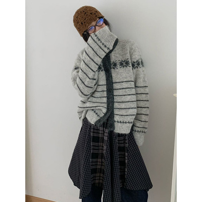 园园美衣新款复古纽扣圆领撞色女式毛衣宽松慵懒厚实开衫针织外套