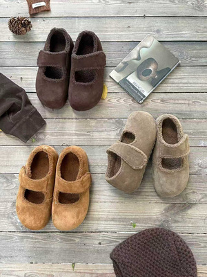 米新款2025冬款真皮羊羔毛一字扣玛丽珍勃肯鞋豆豆鞋平底保暖女鞋