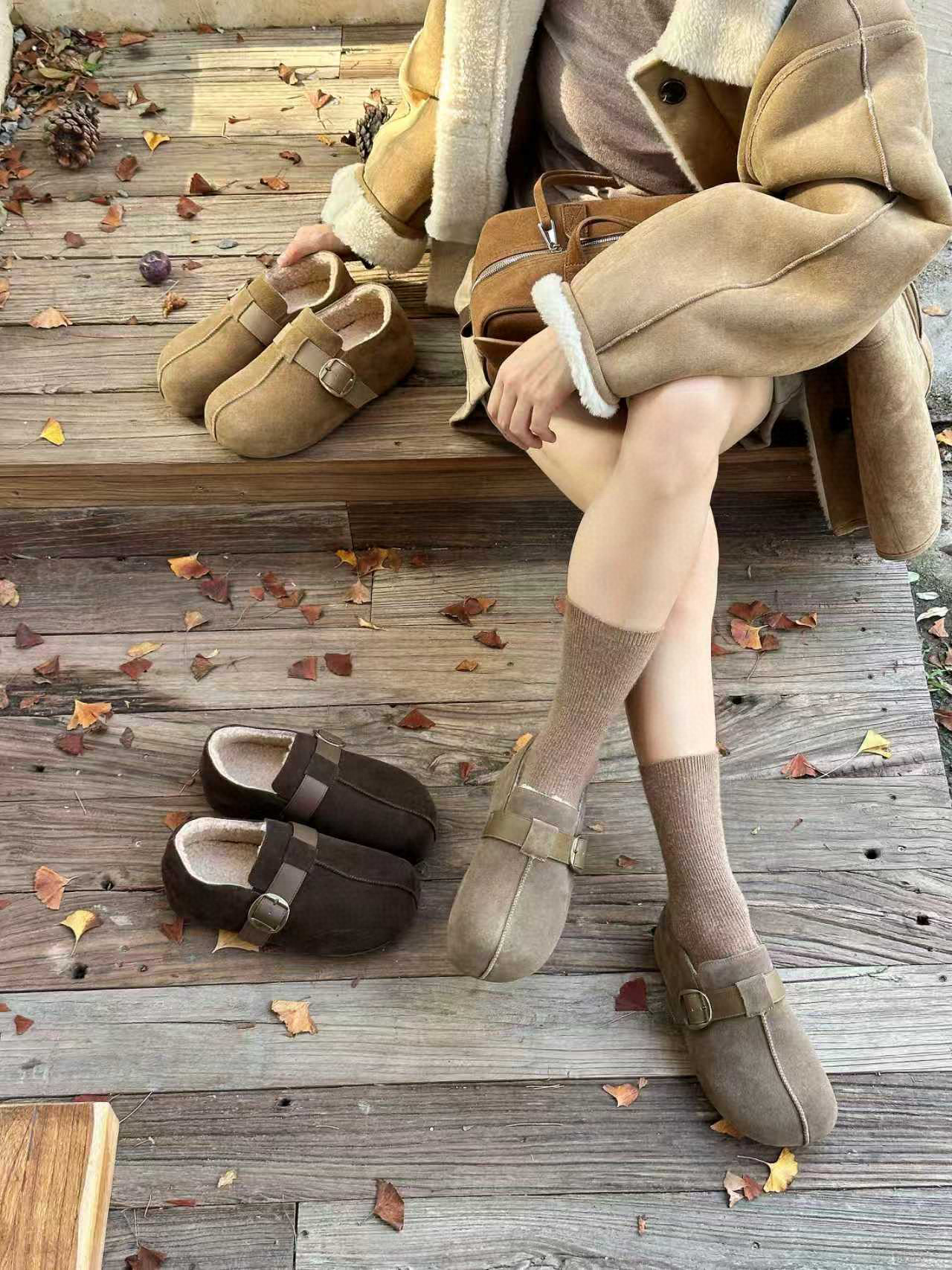 米新款2025秋冬真皮内增高加绒勃肯鞋豆豆鞋时尚平底休闲保暖女鞋