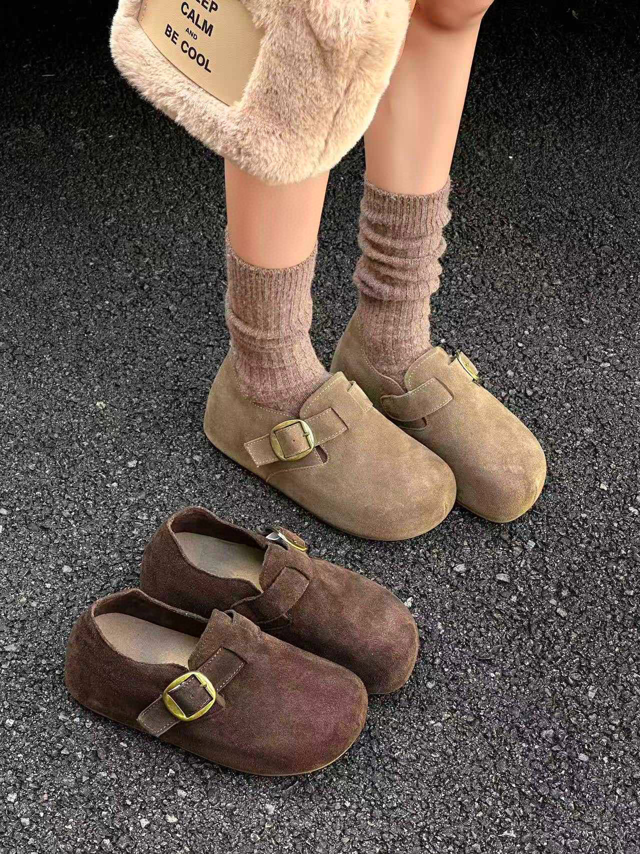 米新款2025秋冬真皮内增高加绒勃肯鞋豆豆鞋时尚厚底休闲保暖女鞋