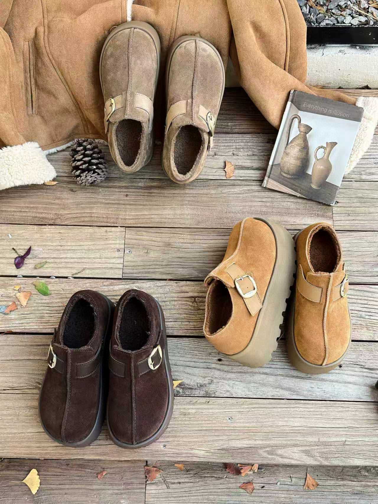 米新款2025冬款真皮厚底加绒勃肯鞋豆豆鞋时尚休闲保暖雪地靴女鞋