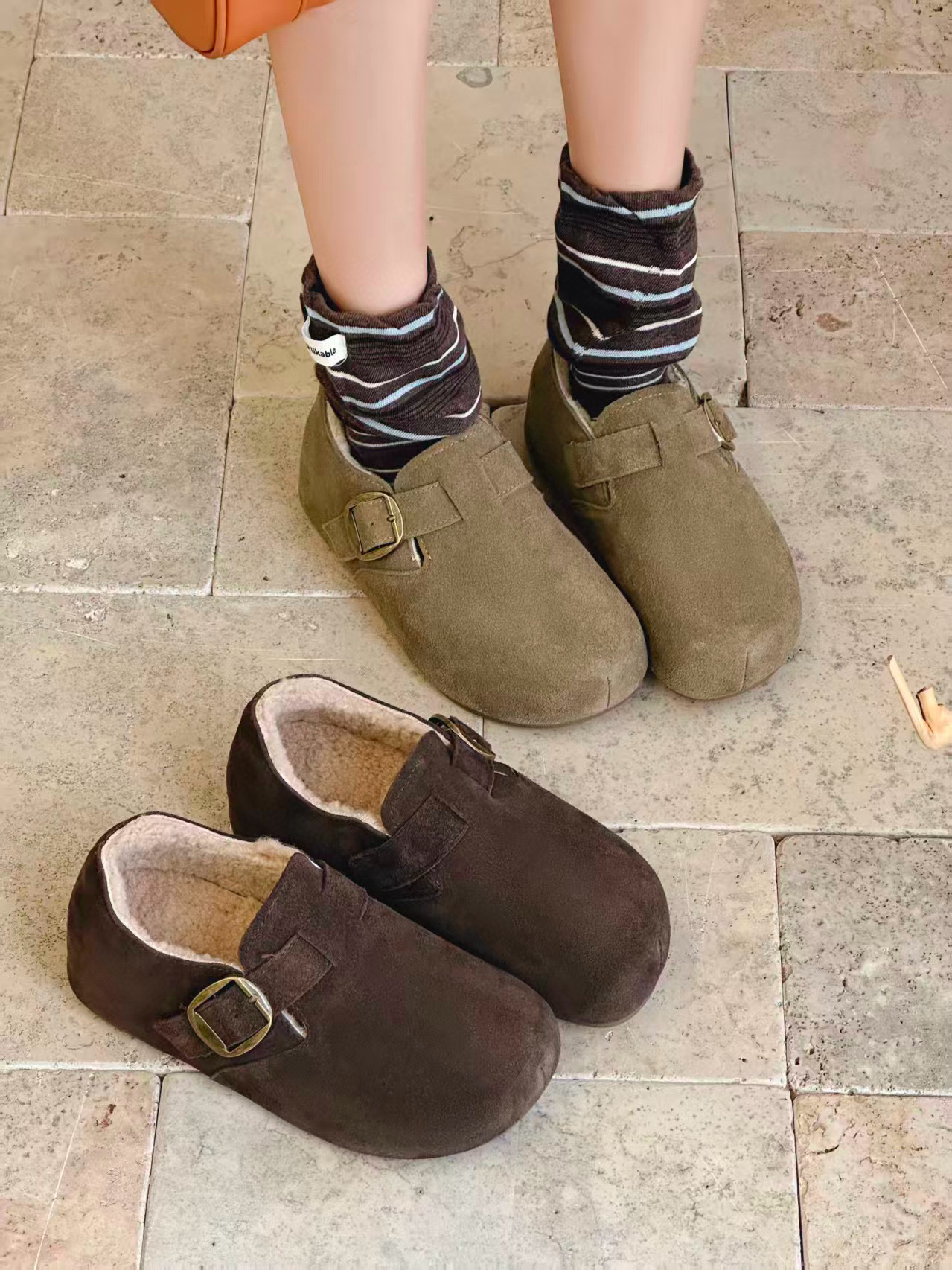 米新款2025冬款真皮厚底加绒勃肯鞋豆豆鞋时尚休闲保暖雪地靴女鞋