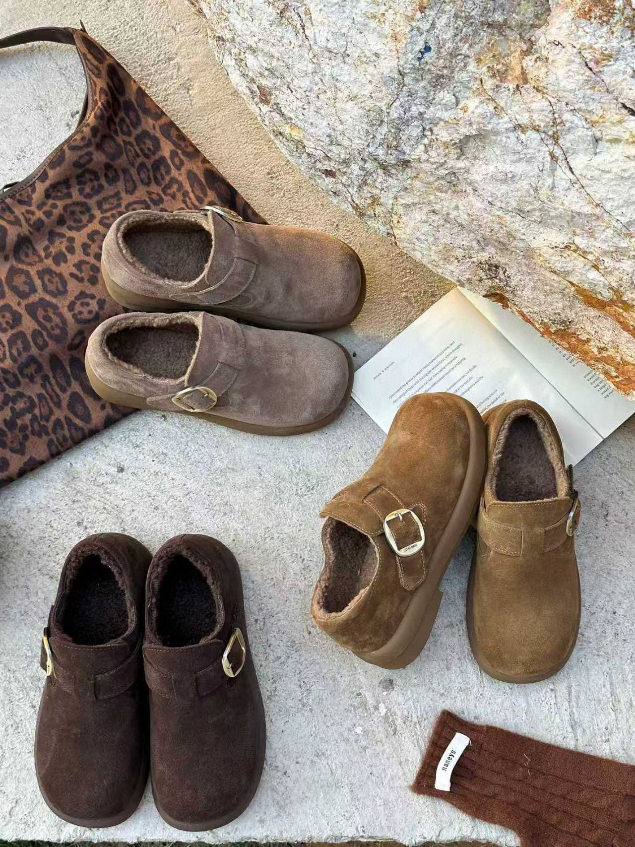 米新款2025冬款真皮平底羊羔毛加绒勃肯鞋豆豆鞋时尚休闲保暖女鞋