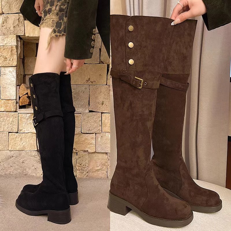 米新款2025冬加绒英伦风皮带扣骑士靴机车靴高筒瘦瘦靴马丁靴长靴