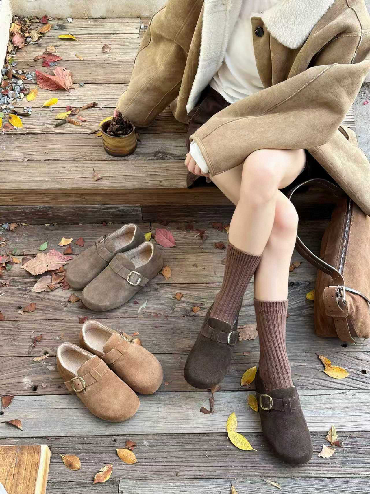 米新款2025秋冬真皮内增高加绒勃肯鞋豆豆鞋时尚平底休闲保暖女鞋