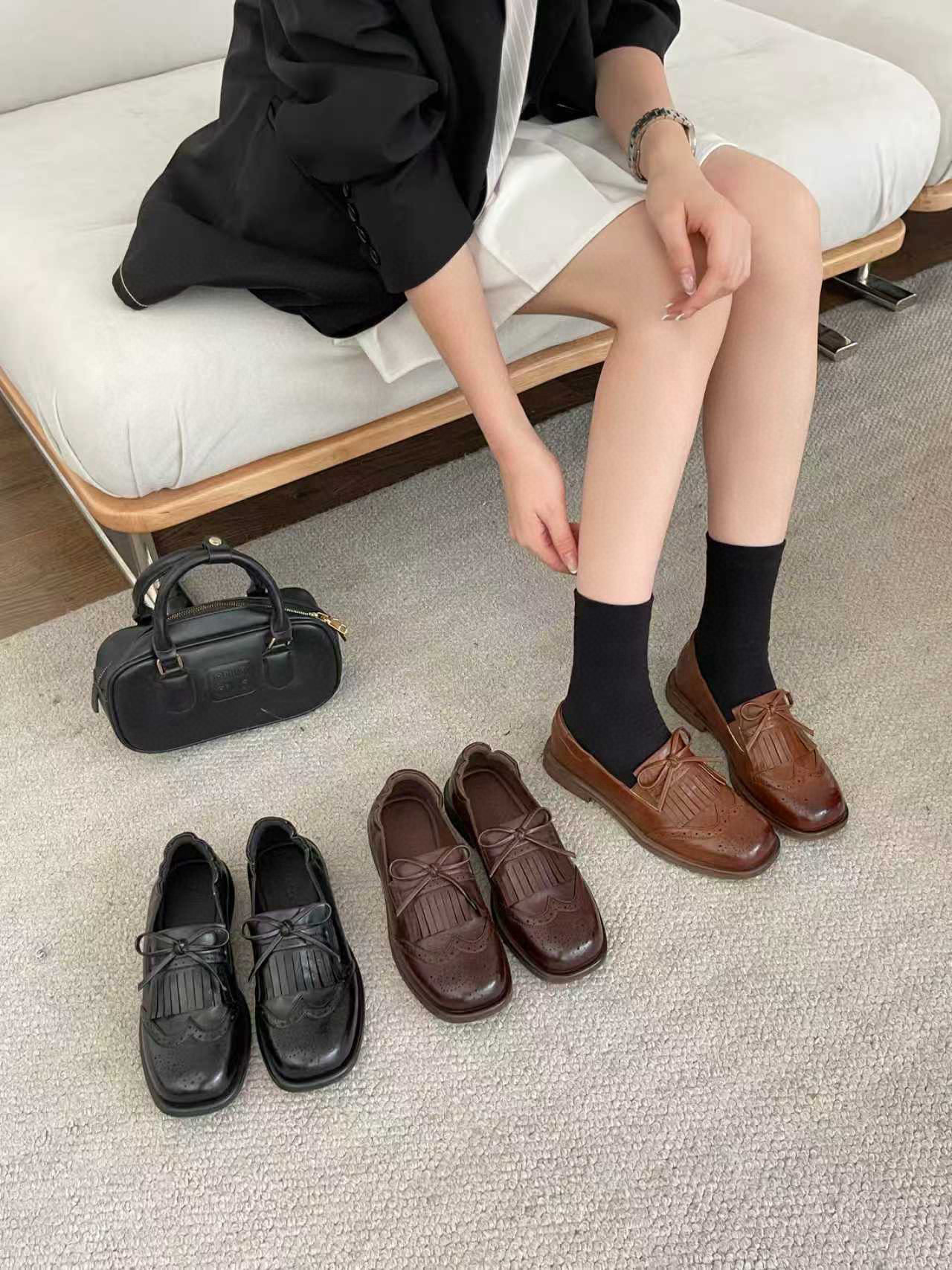 米新款2026春复古布洛克方头乐福鞋百搭黑色流苏小皮鞋豆豆鞋女鞋,女鞋,牛津鞋/布洛克鞋/德比鞋,淘宝优惠券,粉丝福利购,淘宝优惠卷