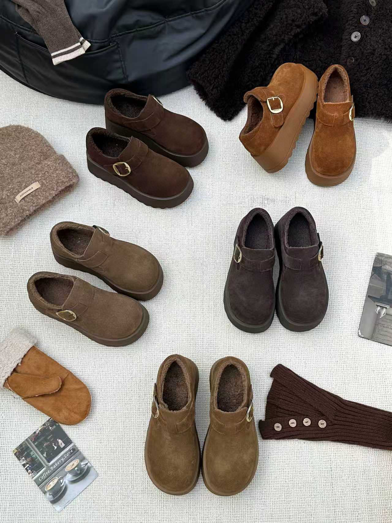 米新款2025冬款真皮厚底加绒勃肯鞋豆豆鞋时尚休闲保暖雪地靴女鞋