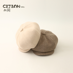 儿童韩版 毛呢贝雷帽可爱百搭英伦八角帽格子日系撞色画家帽 秋冬款