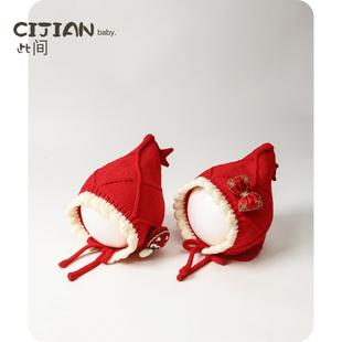 宝宝帽子冬季婴儿新年红色套头帽男宝女宝保暖护耳帽儿童针织帽潮