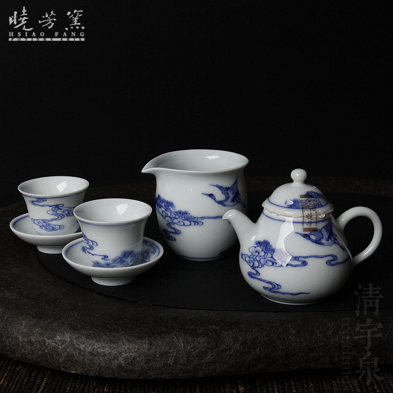 台湾蔡晓芳套装手绘青花 松鹤图小梨壶品茗杯 晓芳窑套组松鹤延年