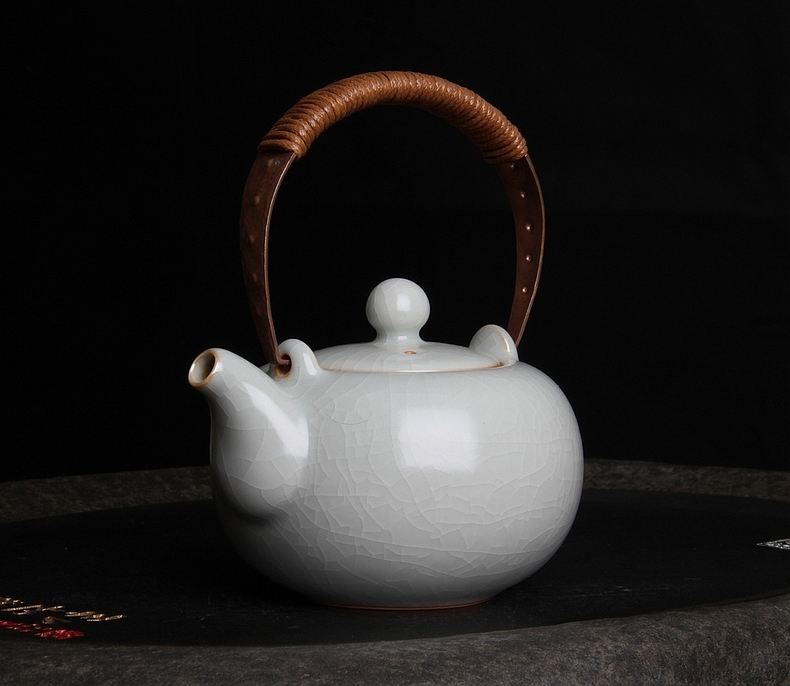 台湾柏采汝窑茶壶冬青釉月白 柏采窑 HR-143E 月露藤提壶汝瓷开片