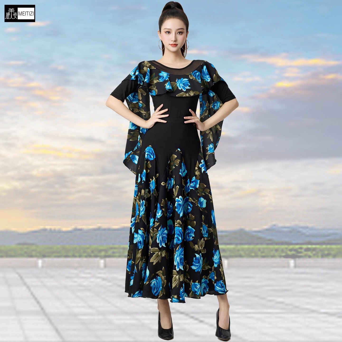 新款摩登舞套装女成人秋冬高级感印花舞蹈裙交谊舞广场舞大摆裙子