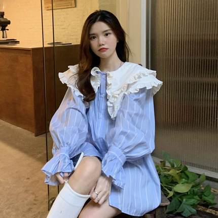 大码300斤条纹娃娃领Lolita长袖衬衫女胖mm宽松甜美学生上衣衫220